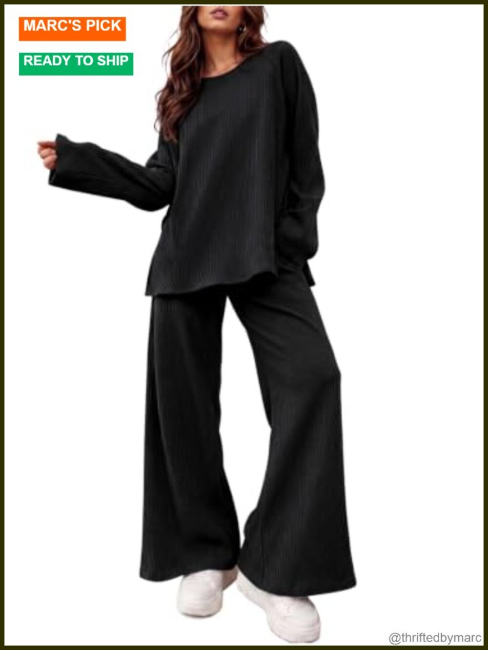 2 Piece Ribbed Knit Lounge Set Wide Leg Pants Long Sleeve